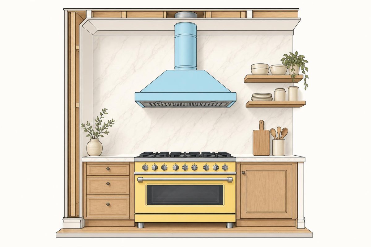 A painted wall hood over a range in a matching color.