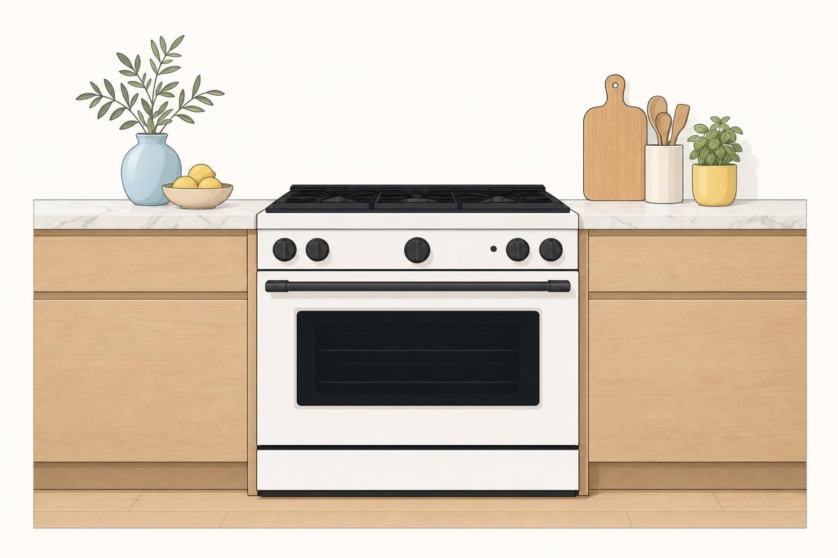 A range in its opening between two cabinets.