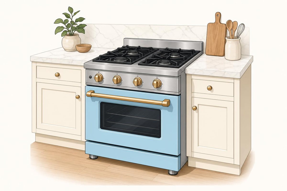 A colored door on a stainless range.