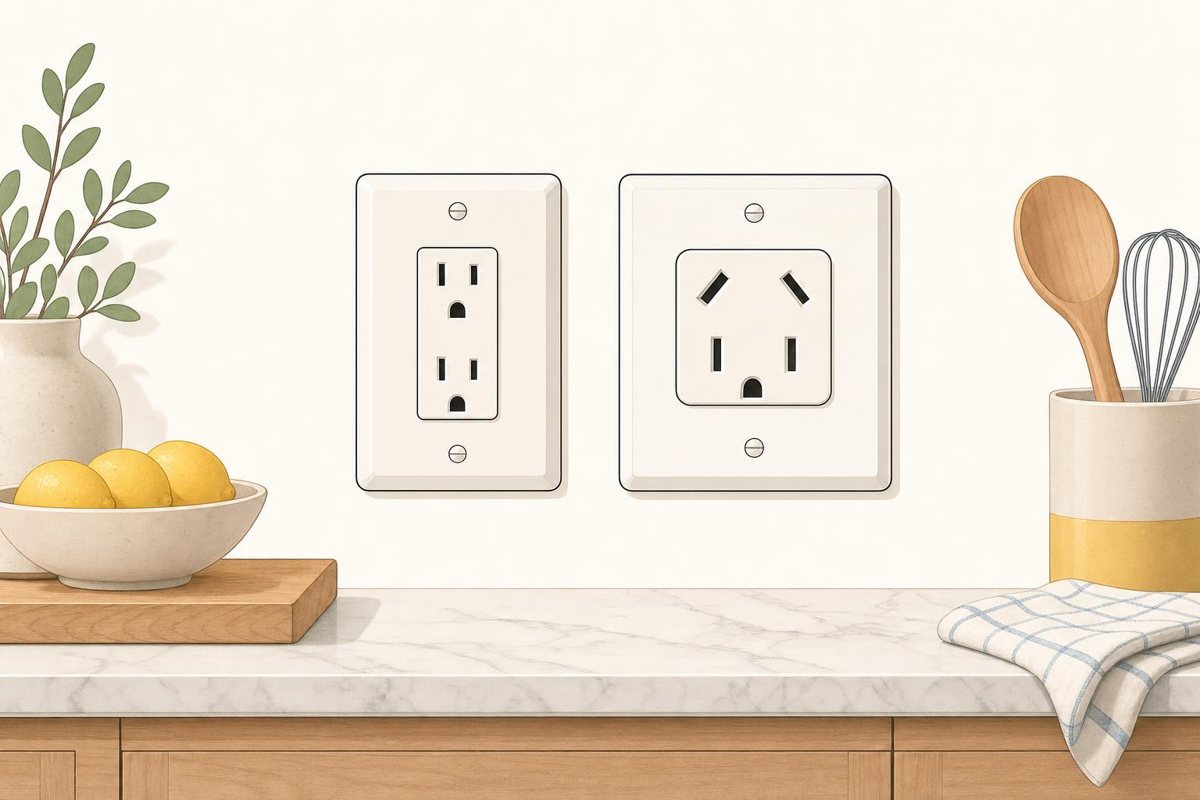 An ordinary 120-volt outlet, left, and the larger 240-volt outlet a dual-fuel, induction or electric range needs, right.