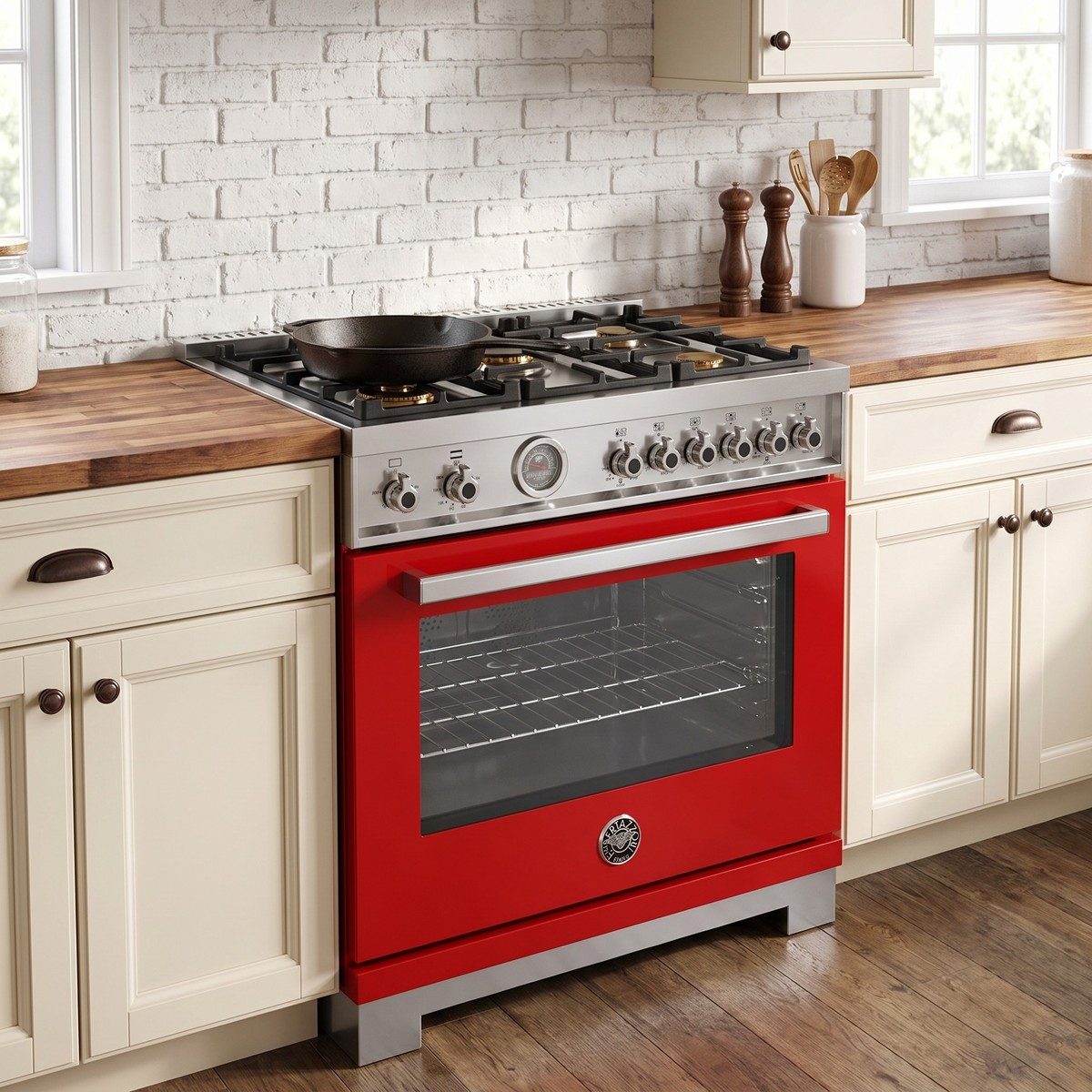 Bertazzoni Professional Series 36 in. all-gas range with griddle in a kitchen