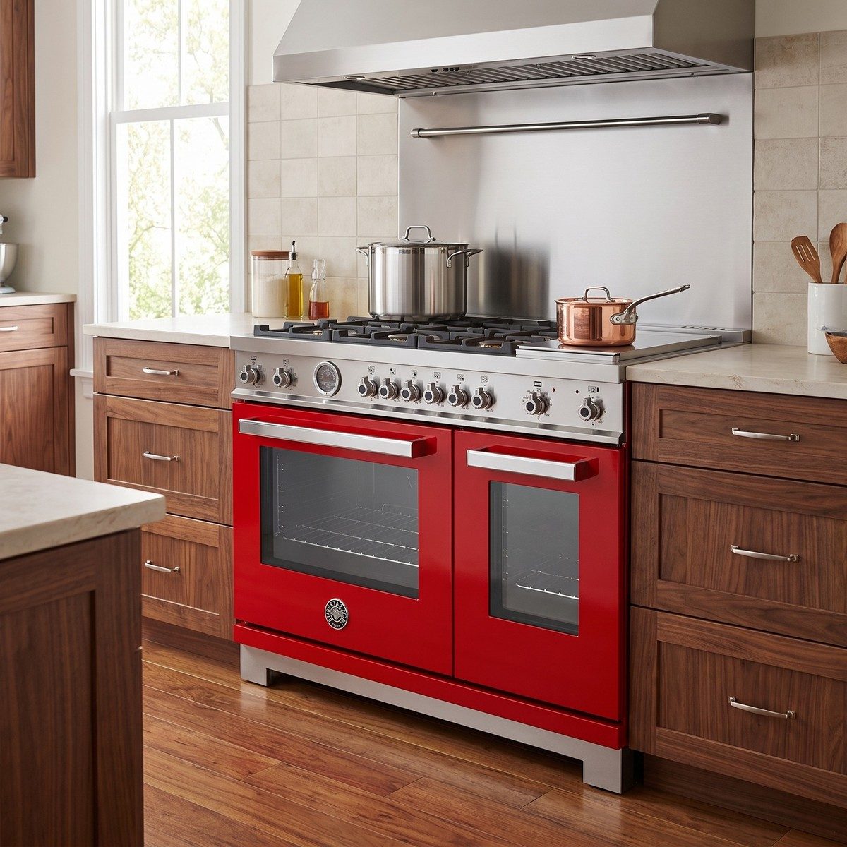 Bertazzoni Professional Series 48 in. dual-fuel range with griddle in a kitchen