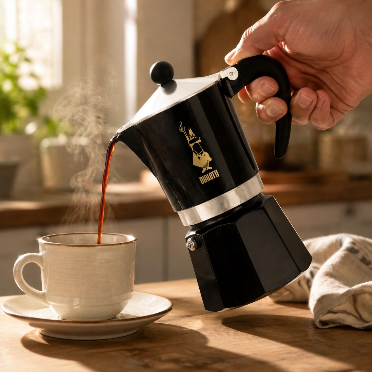 Bialetti Moka Express stovetop espresso maker (6 cup) in a kitchen