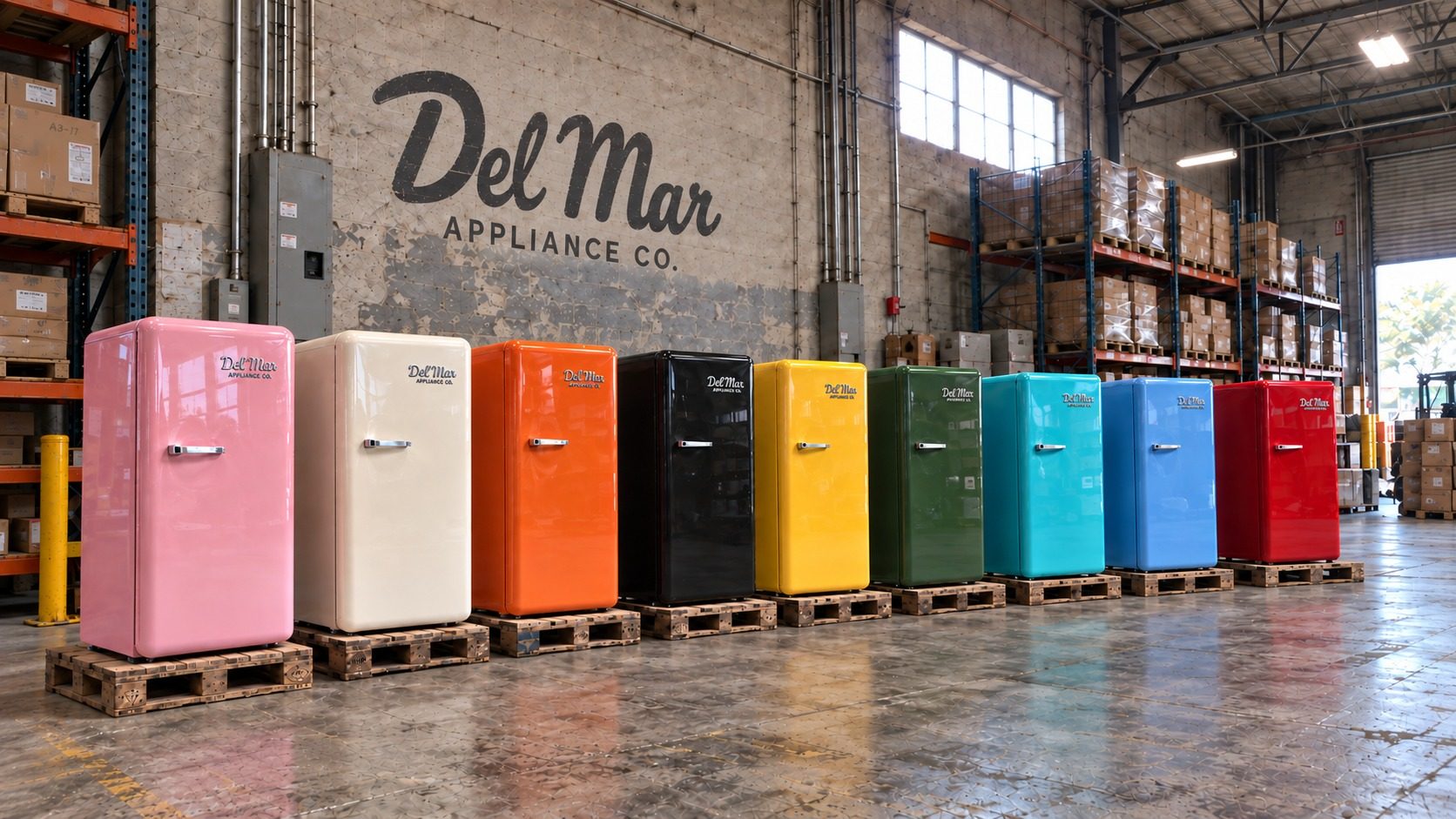 All nine Del Mar colors lined up on pallets in the warehouse