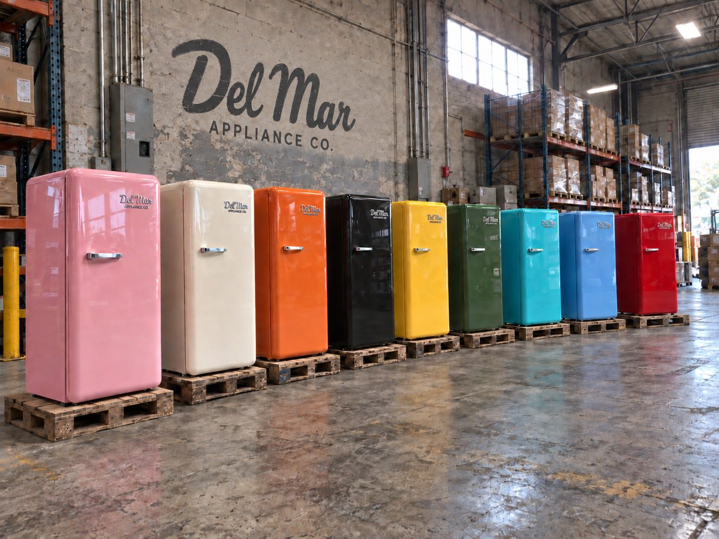 All nine Del Mar colors lined up on pallets in the warehouse