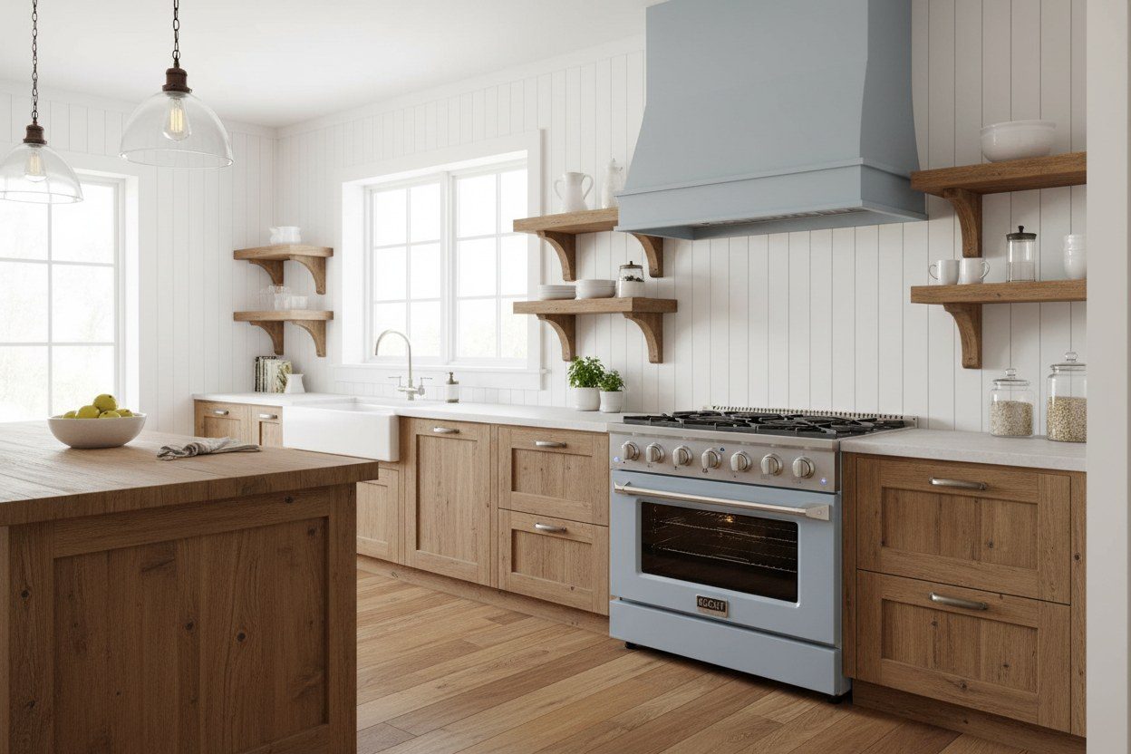 A Kucht range with a colored oven door in a kitchen