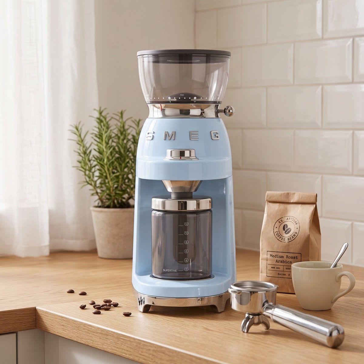 Smeg CGF03 conical burr coffee grinder in a kitchen