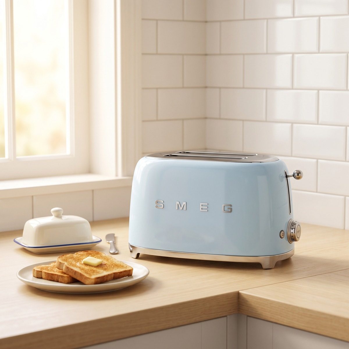 Smeg TSF02 4-slice long-slot toaster in a kitchen