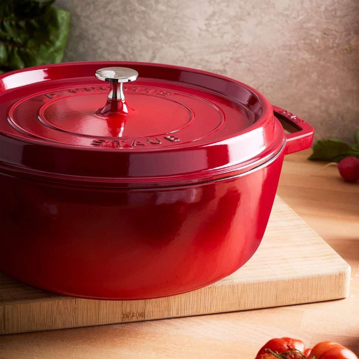 Staub Round cocotte (5.5 quart) in a kitchen