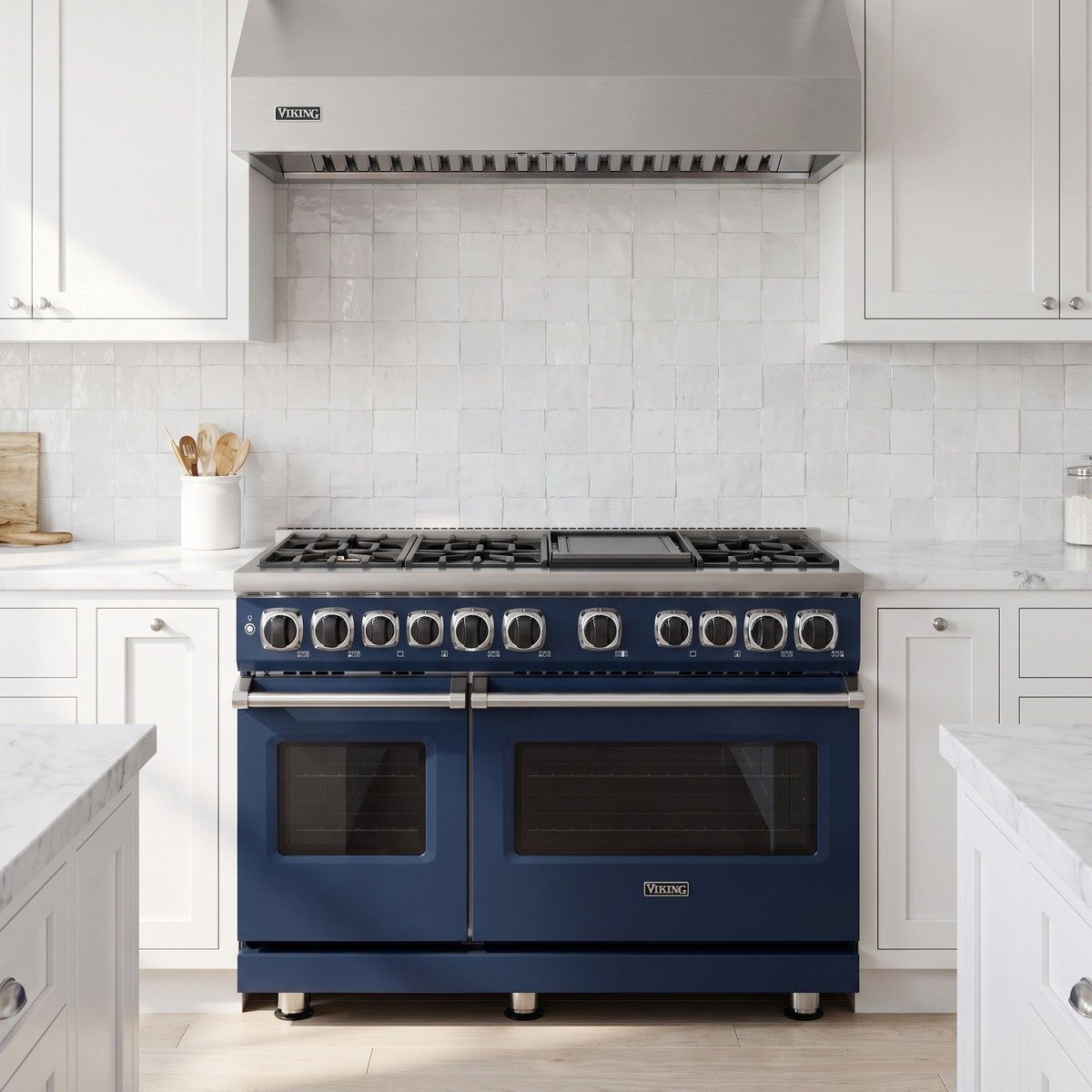 Viking 7 Series 48 in. dual-fuel range with griddle in a kitchen