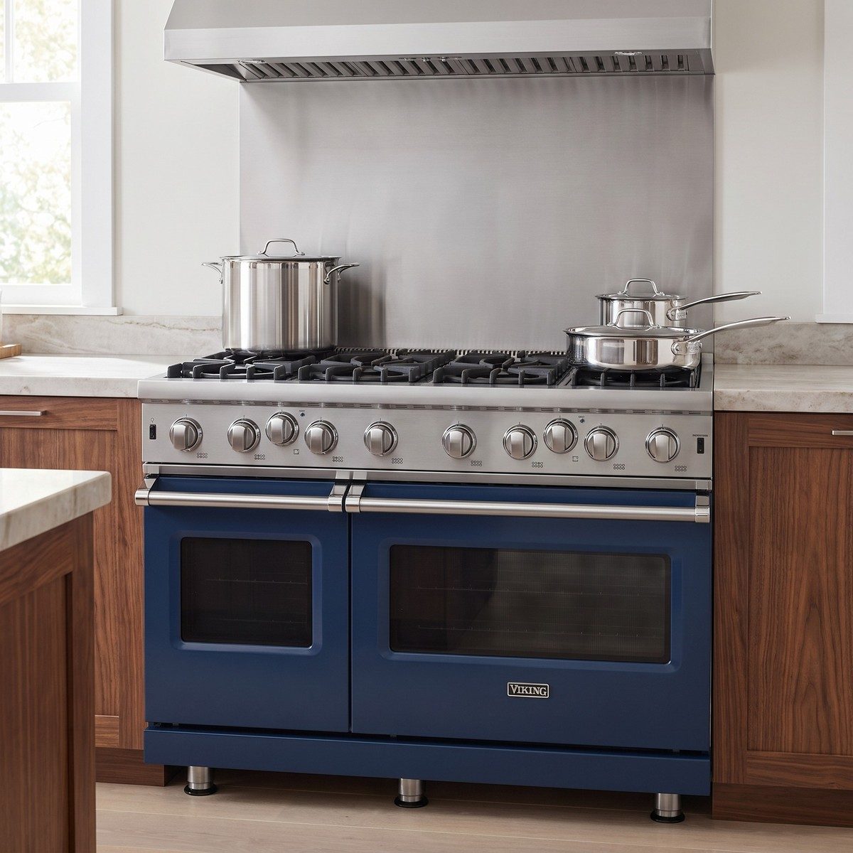 Viking 5 Series 48 in. gas range, open burners in a kitchen