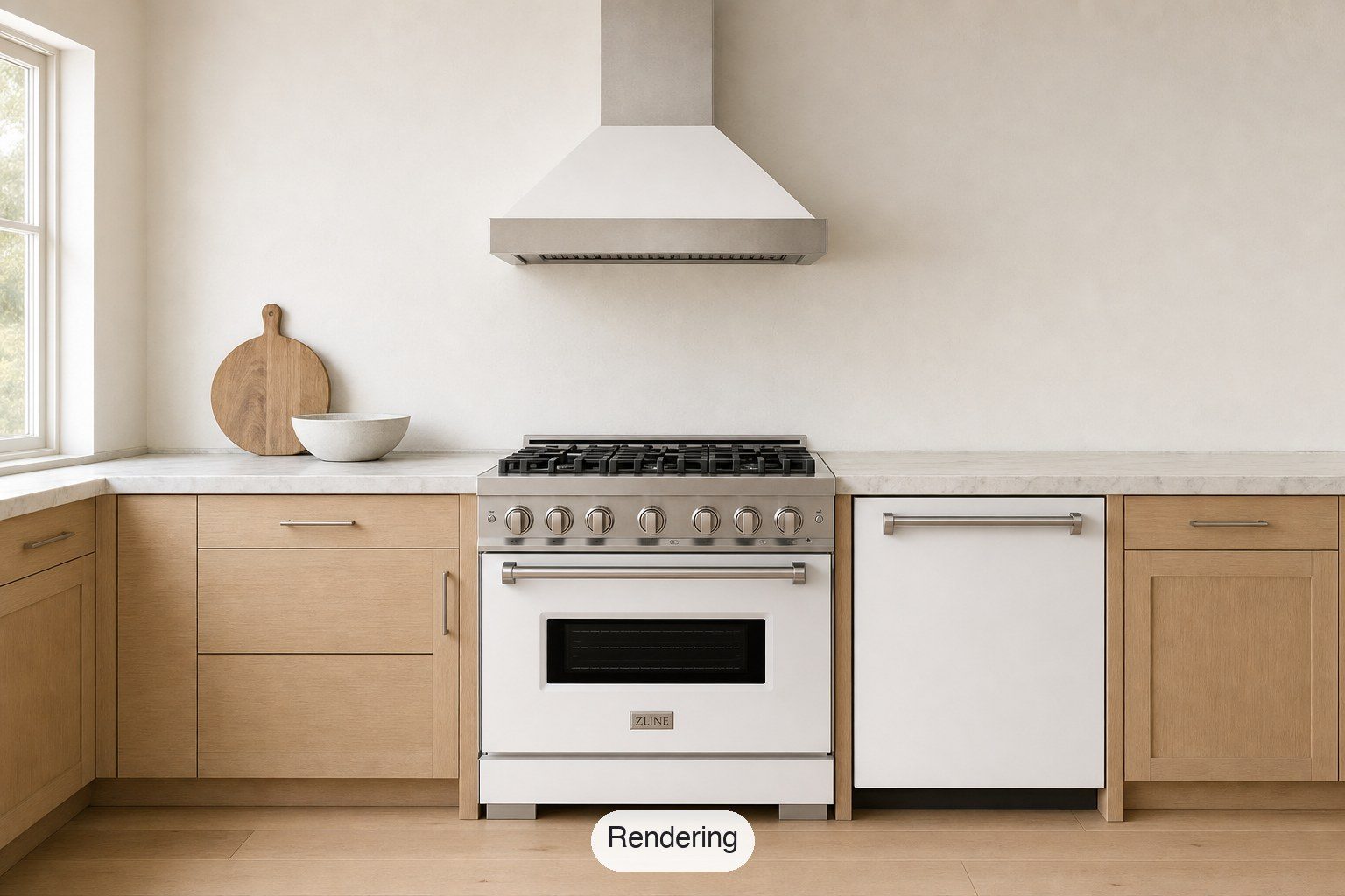 A ZLINE Classic range in white matte with gold hardware, in a kitchen (rendering)