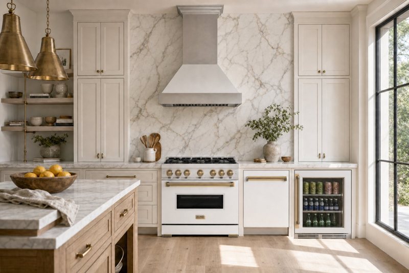 The White Matte collection with champagne bronze hardware, a rendering