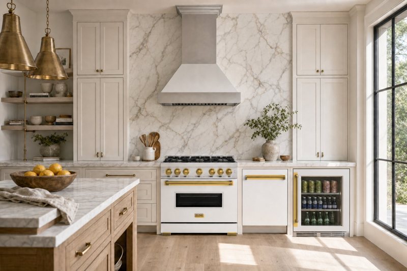 The White Matte collection with polished gold hardware, a rendering